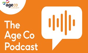 The Age Co Podcast logo on an orange background.